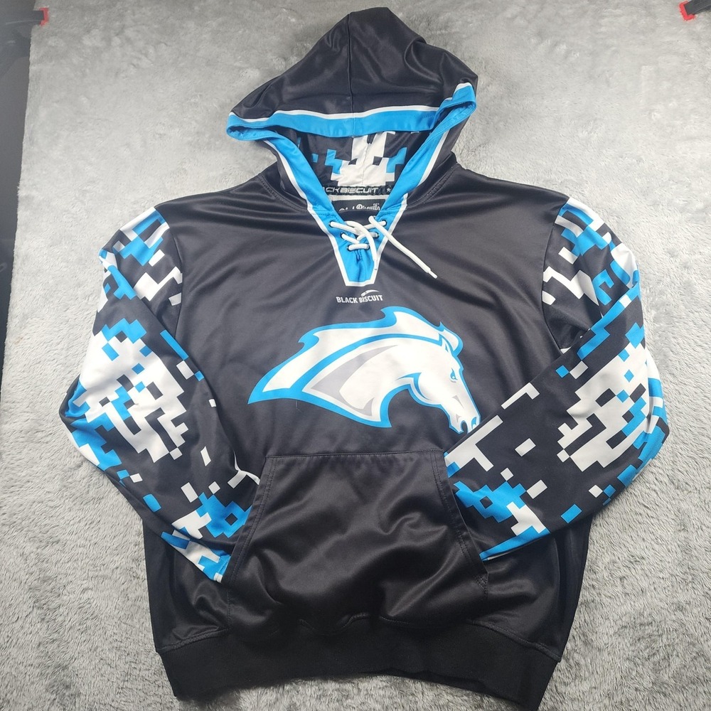 Black Biscuit Hoodie Mens Large Black Lace Up Horse Graphic Hockey Pullover